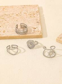 4pcs Stainless Steel Silver Crown, Sun, Shining Shield Logo Men And Women Open Hollow Ring Set, Suitable For Daily Matching And Gift Giving