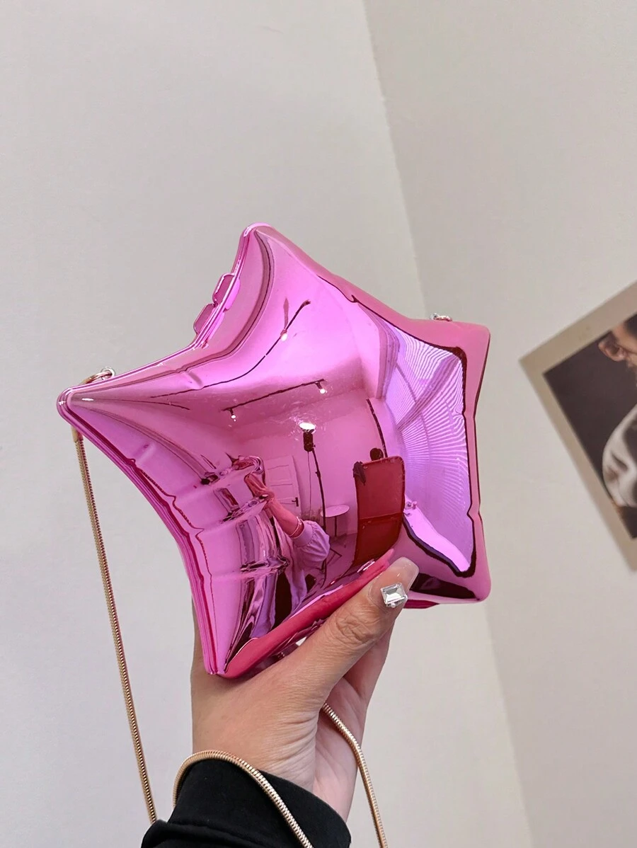 Star Box Clutch 2024 新款晚装包时尚休闲闪亮女士单肩斜挎包，潮流星星镂空女包 - 玫紅色 - 查看 1