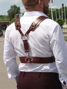 性感男士 PU 皮革背带肩带，朋克服装配饰可调节弹性肩带，适用于衬衫和 T 恤背带 - 棕色 - 查看 4