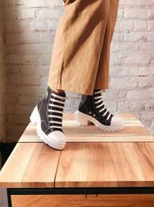 Tenis bota botín tacón cuadrado cómodas descanso de lona para mujer - Negro - Ver 2