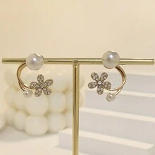 2 Piezas/set Aretes Con Decoración De Flor De Diamantes De Imitación Y Perlas Falsas - Amarillo Oro - Ver 8