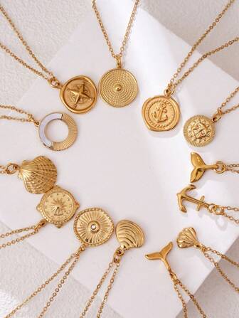 Collar de acero inoxidable con colgante de concha de mar con brújula, ancla de sirena chapada en oro para hombres y mujeres, regalo diario