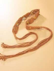 1 pieza Cinturón de cintura tejido para mujer, cadena de cintura con flecos de estilo bohemio para vestidos, accesorio de moda versátil