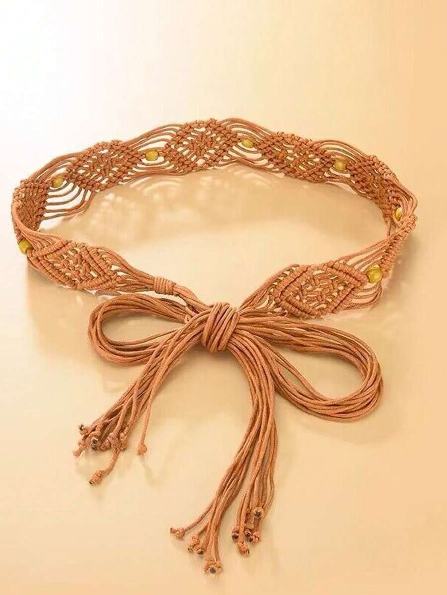 1 pieza Cinturón de cintura tejido para mujer, cadena de cintura con flecos de estilo bohemio para vestidos, accesorio de moda versátil