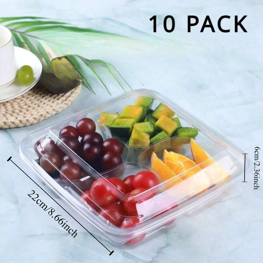10 Packs Square Plastic Veggie Tray With Lid Fruit Tray 4 Divided