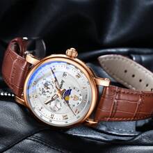 NARY A Luxurious Waterproof Men's Automatic Mechanical Watch With Calendar And Moon Phases, Featuring A Leather Strap And Suitable For Business Meetings, Daily Wear And Decoration.