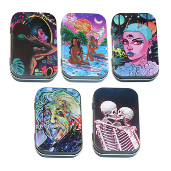 1个时尚图案香烟盒，翻盖式马口铁防臭草药盒，便携式防水草药罐，吸烟配件收纳罐，盖子，发饰，香烟收纳盒，香烟盒，礼品