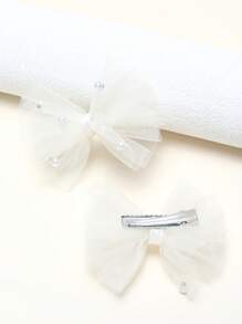 2pcs White Faux Pearl Mesh Bow Hair Clips, Cute Princess Style Hair Accessories For Girls, Party Hair Clips For Teens - Beige - View 3