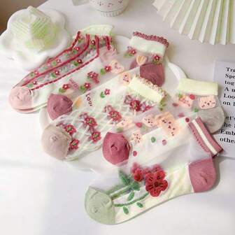 5pairs Women's Cute Lace Edge Transparent Breathable Short Socks