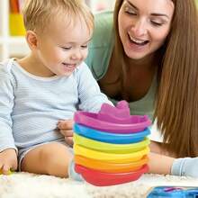 6 szt. Kolor tęczy Łódka do układania w stosy Zabawka do kąpieli dla małych dzieci - Letnia gra wodna z muzyką - Prezent wielkanocny dla dzieci