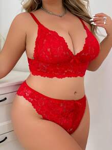 2 件套加大码女士优雅性感蕾丝文胸和内裤套装，红色蝴蝶结装饰，中等弹力，透气，可调节肩带，无衬垫，多功能内衣套装 - 紅色 - 查看 6