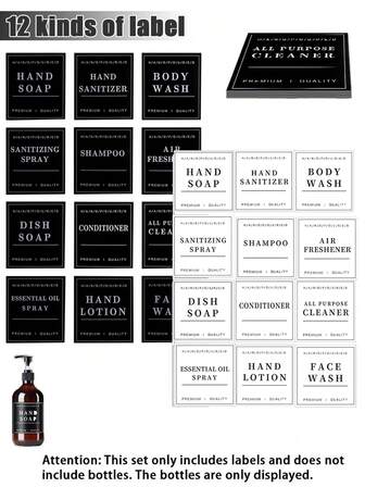 12PCS Black/White Bathroom Bottle Label Stickers Lotion Bottles With Self-Adhesive Labels(HAND SOAP/ DISH SOAP/ FACE WASH/ BODY WASH/ HAND LOTION/ HAND SANITIZER/ SHAMPOO/ CONDITIONER/ ALL PURPOSE CLEANER/ SANITIZING SPRAY/ ESSENTIALOIL SPRAY/ AIR FRESHENER)