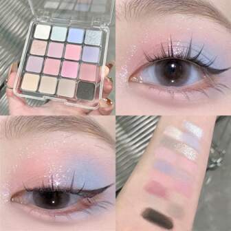 16色眼影盤-珍珠和啞光質地，粉色和藍色調，多功能便攜式