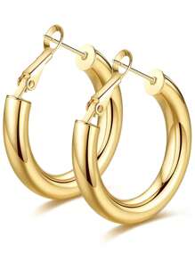 1 Paire De Boucles D'oreilles Créoles Rondes Audacieuses Pour Femmes, Plaquées Or, Conception Cylindrique En Acier Inoxydable