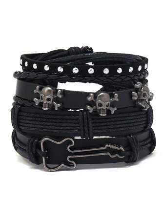 4 st/set punk-stil personligt svart flätat läderarmband i form av dödskalle och gitarr, lämpligt för mäns vardagskläder, även perfekt som festivalpresent