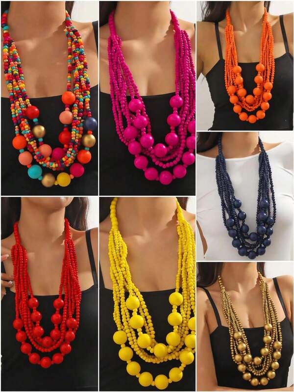 One Bohemian Style Women Necklace With Multiple Layers Of Beaded Pendant Including Resin And Wood