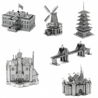 3D Metal Assembly Model, DIY Stainless Steel Buckle Puzzle, Architecture Model, No Glue Required, Birthday Gift, Decorative Ornament, Brooklyn Bridge, Five Pagoda, Dutch Windmill,