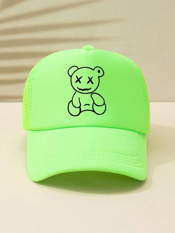 Casquette de baseball en maille respirante réglable de loisirs extérieur avec motif de ligne vert fluorescent et ours pour homme et femme