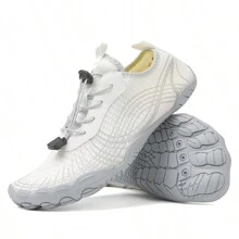 1 Paire de chaussures de sport pour femmes à séchage rapide, à lacets, blanches avec motif géométrique, semelle en caoutchouc, basse, pour la natation en plein air à la plage, chaussures de sport aquatique pieds nus.