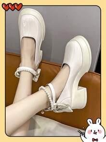 厚底粗跟瑪麗珍鞋，蝴蝶結款式，2024春季新款法式時尚鞋 - 米色 - 查看 2