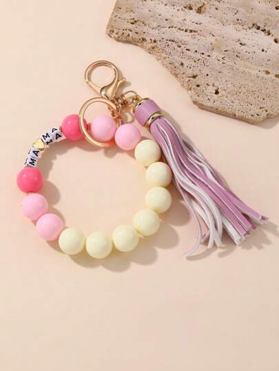 1pc Pink Silicone Beaded Bracelet Keychain, Faux Leather Tassel, Fashion Anti-Lost Accessory, Suitable As Gift For Mom, Birthday, Party, Holiday
