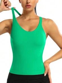 Women Round-Neck Solid Color Sports Tank Top With Built-In Bra (One-Piece)