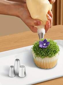 3pcs Grass Shaped Stainless Steel Icing Nozzles, Pastry Decorating Tools For Cream, Fondant, Chestnut Puree, Etc. - Silver - View 3