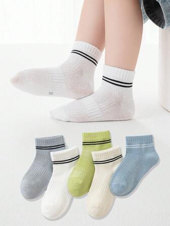 5 双男童薄款夏季网眼弹力袜，白色/灰色/蓝色，透气休闲中筒袜，适合儿童、青少年，条纹设计，简约风格，适合春夏季