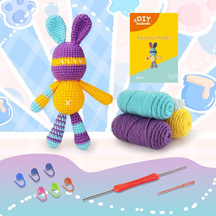 Kit de bricolaje de trenzas de ganchillo con tutorial en vídeo, kit de costura de peluche de conejo colorido que incluye tutorial de video paso a paso completo, instrucciones en inglés, gancho de ganchillo, marcador de punto, aguja de coser, etc. (los colores de las partes de herramientas son aleatorios) - Multicolor - Ver 1
