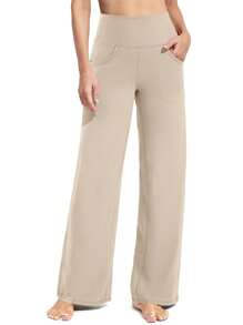 Women's High Waist Solid Color Wide Leg Sports Pants With Pockets - Khaki - View 2