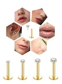 4pcs Stainless Steel Labret Stud Lip Rings With Cubic Zirconia, Body Piercing Jewelry Without Threading For Women - Multicolor - View 12