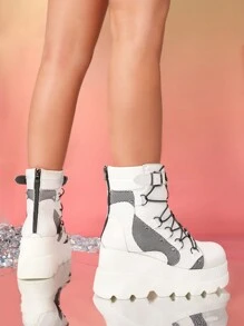 Women Street Round Toe Lace-Up Platform Ankle Boots, Punk Style  Combat Boots With Heels & Buckled Decorations,  Spring Summer Travel Shoes, St Patrick Day - 白色 - 查看 5
