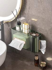 1入組無需鑽孔白色豪華風格透明紙巾盒浴室收納架垃圾袋收納盒浴室收納架 - 透明綠色 - 查看 1