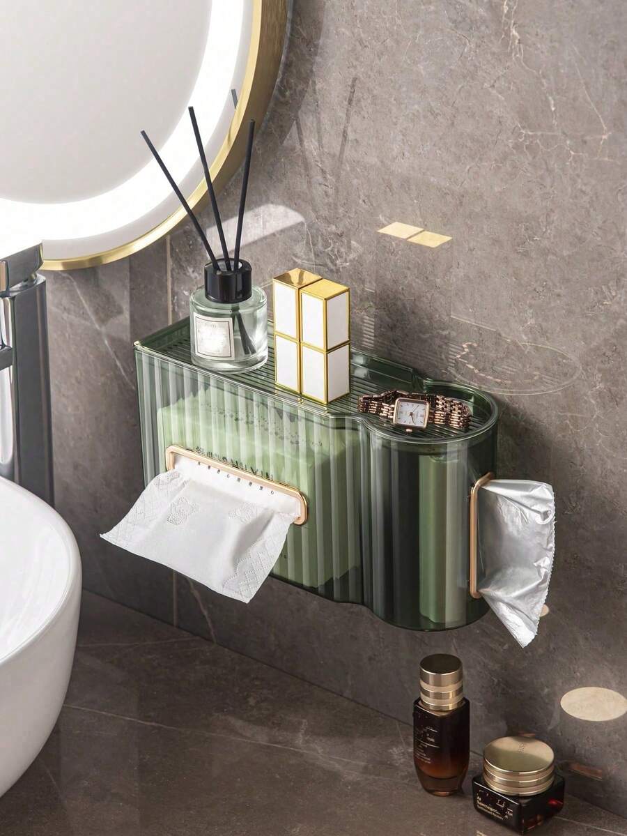 1入組無需鑽孔白色豪華風格透明紙巾盒浴室收納架垃圾袋收納盒浴室收納架 - 透明綠色 - 查看 1