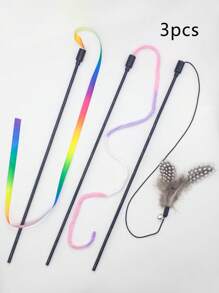 3入組貓咪挑逗棍玩具，帶有羽毛和多彩帶子，適合寵物玩樂 - 彩色 - 查看 1