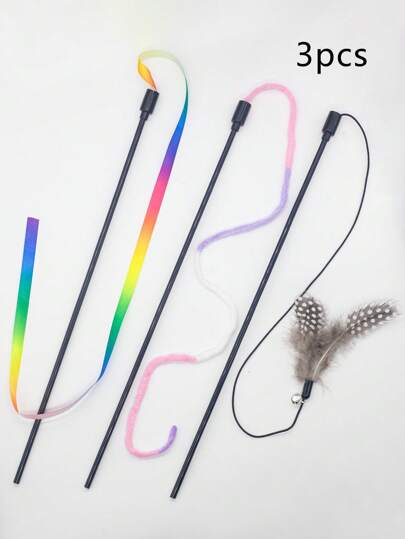3pcs Cat Teaser Stick Toy With Feather, Colorful Ribbon For Pet Play