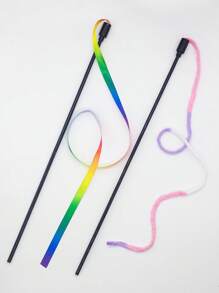 3入組貓咪挑逗棍玩具，帶有羽毛和多彩帶子，適合寵物玩樂 - 彩色 - 查看 2