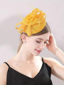 1pc Bow Shaped Floral Headpiece, Feather Imitation Linen Hair Accessory, Hair Hoop, Hair Clip Dual-Purpose Top Hat - A - View 4