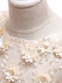 Girls' Solid Color Tulle & Satin Layered Floral Puff Dress, Elegant & For Birthday Party, School Event, No Headband Included - Champagne - View 9