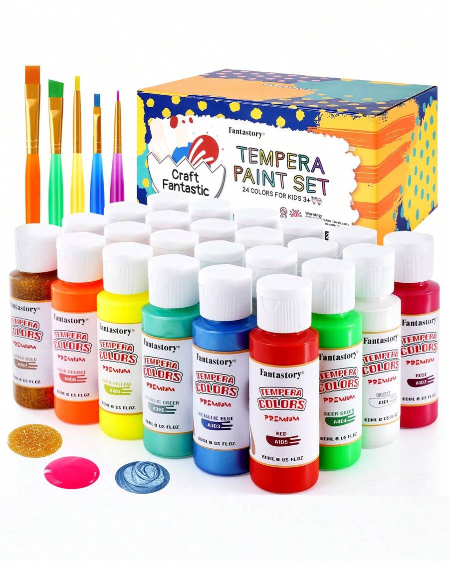 Fantastory 儿童蛋彩画颜料 24 色（每色 2 盎司）可水洗蛋彩画颜料、儿童海报颜料海绵画、儿童颜料手指画颜料瓶装礼物、返校、学校用品