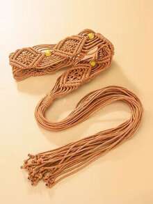 1 pieza Cinturón de cintura tejido para mujer, cadena de cintura con flecos de estilo bohemio para vestidos, accesorio de moda versátil