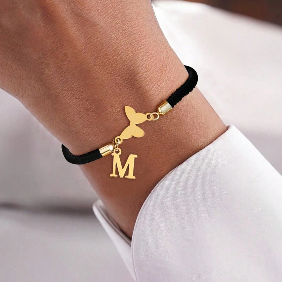 1pc New Classic Stainless Steel Butterfly And Initial Pendant Adjustable Rope Bracelet For Women - Black - View 1