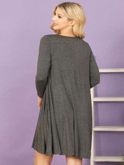 Solid Boat Neck Quarter Sleeve Side Pocket Dress