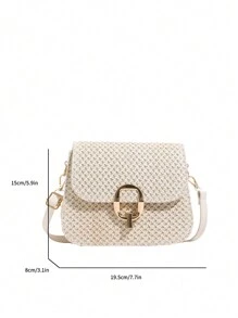 Borsa intrecciata di , primavera ed estate, borsa a guscio, borsa a tracolla con patta per donna, decorata con accessori metallici, a spalla/a tracolla/a mezza luna per l'uso quotidiano, borsa da spiaggia in paglia intrecciata, borsa piccola casual da vacanza - Beige - Visualizzare 3