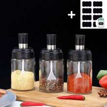 Kit 3 Porta Tempero em Vidro com Colher Sal, Açucar, Condimentos, Pimenta, Tomilho, Orégano + Etiqueta Adesiva Lousa Preta - Preto - Visão 1