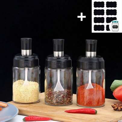Kit 3 Porta Tempero em Vidro com Colher Sal, Açucar, Condimentos, Pimenta, Tomilho, Orégano + Etiqueta Adesiva Lousa Preta
