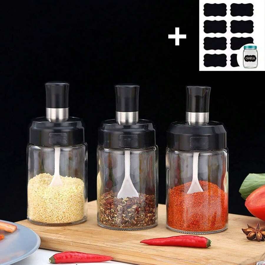 Kit 3 Porta Tempero em Vidro com Colher Sal, Açucar, Condimentos, Pimenta, Tomilho, Orégano + Etiqueta Adesiva Lousa Preta - Preto - Visão 1