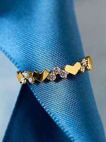 Stylever 1枚浪漫心形装饰戒指，S925纯银承诺戒指，精致珠宝礼品，适合女孩、派对、情侣佩戴 - 金色 - 查看 2