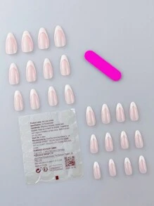 換個指彩，24入組黑色法式和閃粉假指甲，中等長度杏仁形狀，適合女性和女孩的日常穿戴，即貼美甲用品 - 白色 - 查看 2