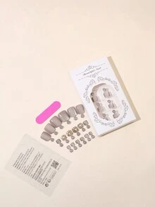 24 件短方形猫眼按压脚趾甲 3D 香槟色水钻白色钻石水钻假脚趾甲夏季风格指甲适合女士和女孩 - 灰色 - 查看 2